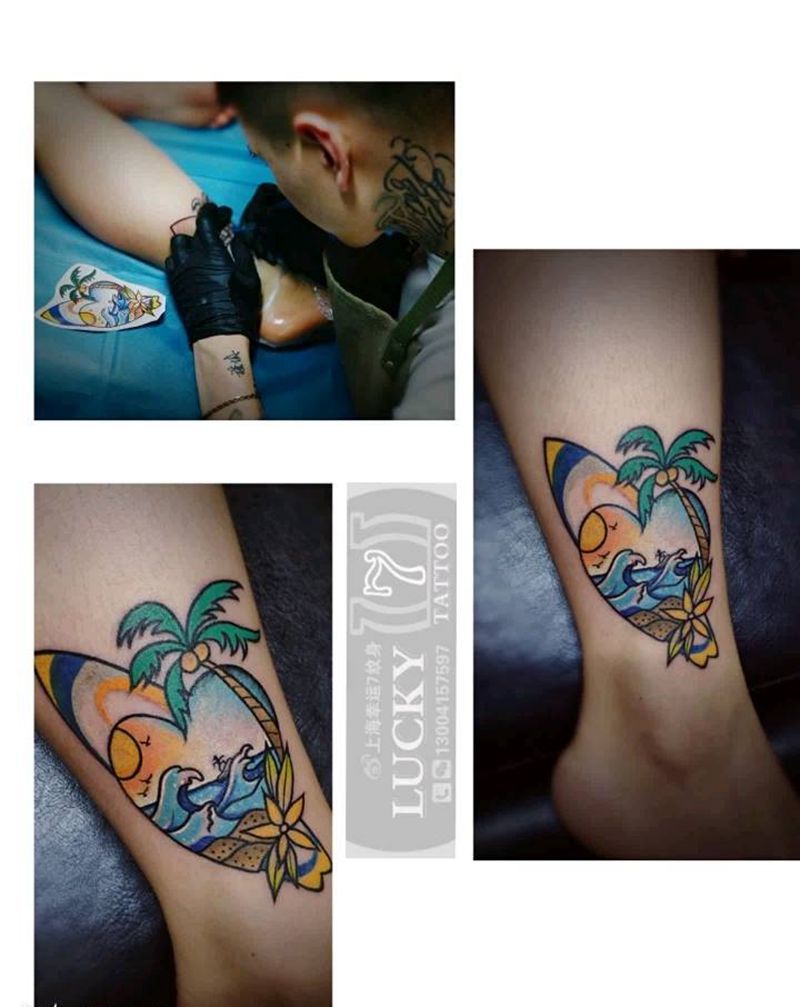 海岛冲浪|幸运7纹身纹身图片_Old School脚踝纹身图案