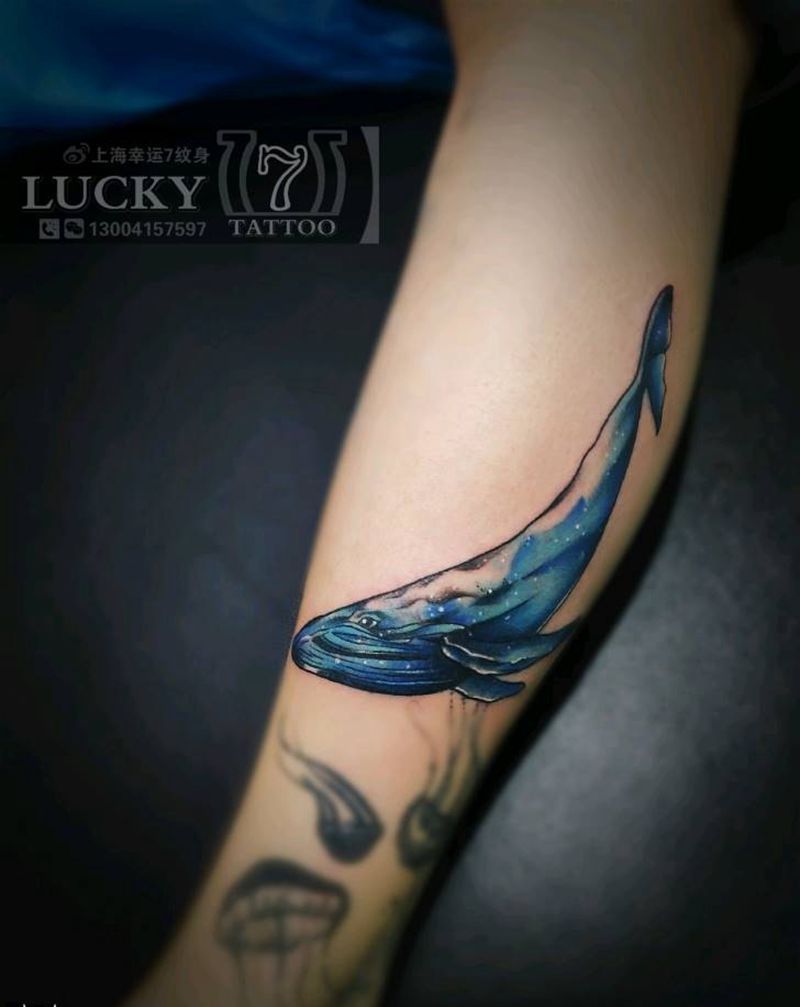 鲸鱼|幸运7纹身纹身图片_腿部清新成品纹身图案