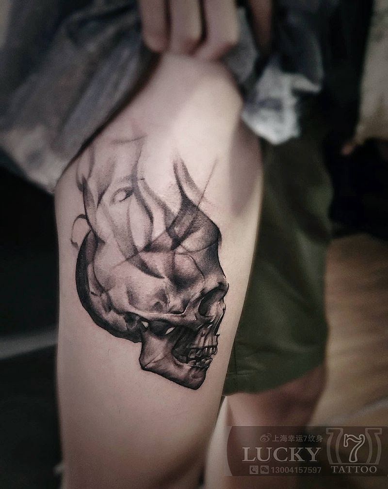 暗黑骷髅|幸运7纹身纹身图片_腿部欧美写实暗黑纹身图案