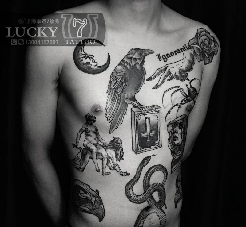 暗黑拼接|幸运7纹身纹身图片_胸部腹部Old School暗黑纹身图案