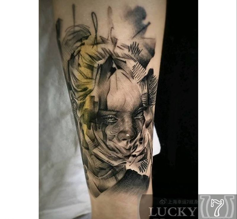 另类素描|肖像|幸运7纹身纹身图片_手臂纹身图案