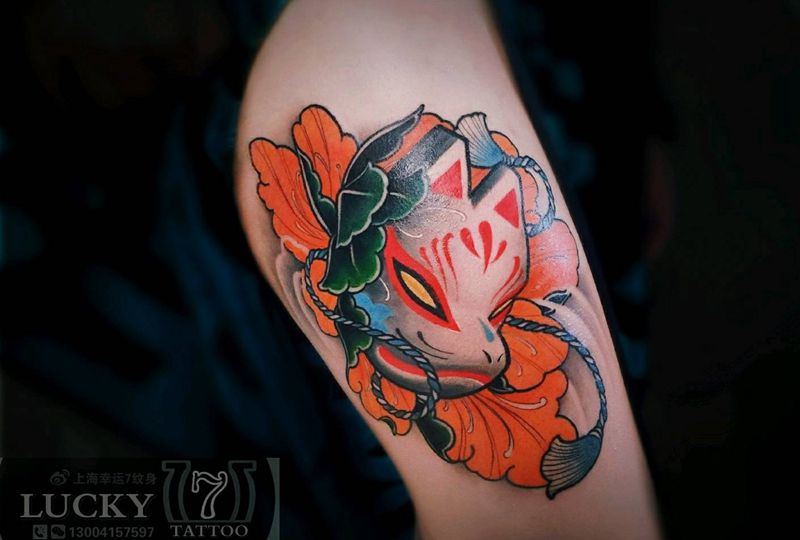 狐面|幸运7纹身纹身图片_新传统New School大腿纹身图案