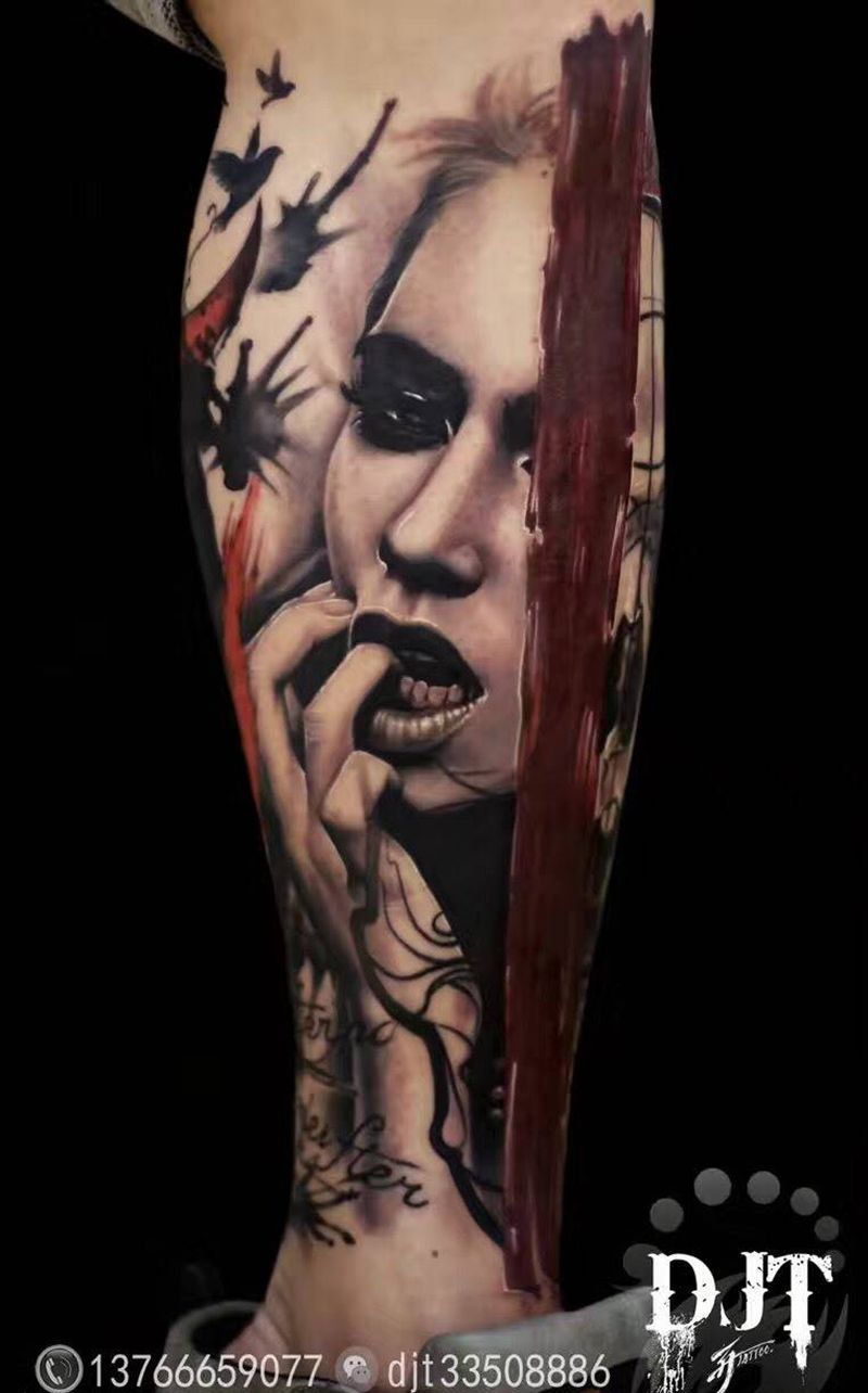 by阿开纹身图片_成品腿部欧美写实肖像人物原创鬼神几何字符纹身图案