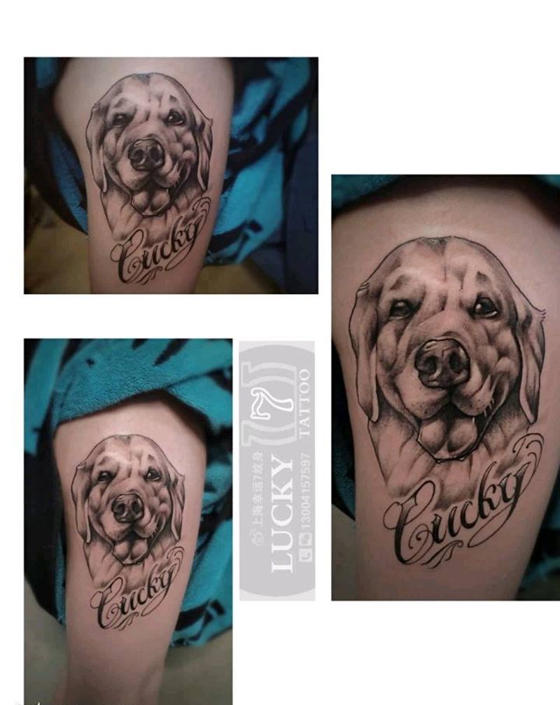 黑灰狗头|幸运7纹身纹身图片_大腿黑灰纹身图案