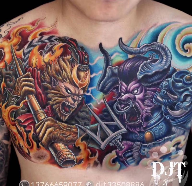 by阿开 作品纹身图片_成品手稿胸部欧美写实肖像人物鬼神动物原创纹身图案