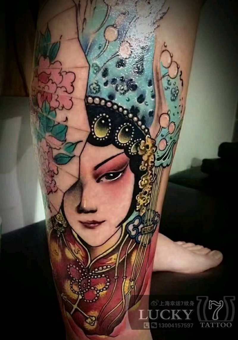 花刀|幸运7纹身纹身图片_新传统小腿纹身图案