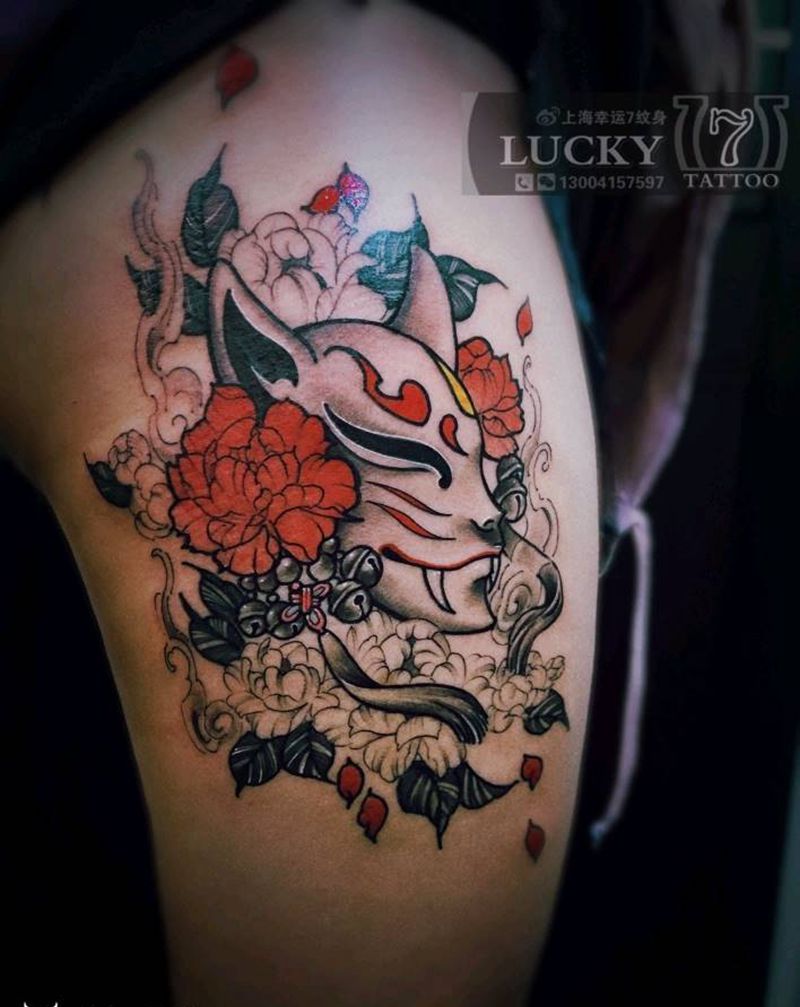 狐面|幸运7纹身纹身图片_大腿纹身图案