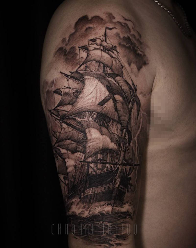 帆船纹身图片_手臂欧美写实纹身图案