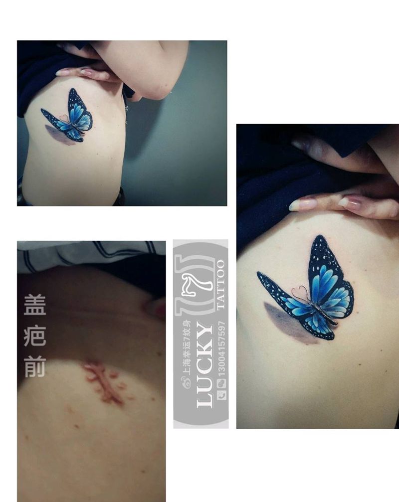 盖疤|蝴蝶|幸运7纹身纹身图片_肋骨盖疤彩色纹身图案