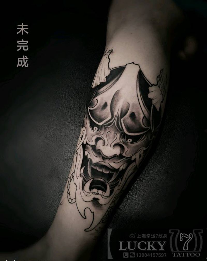 传统|般若|幸运7纹身纹身图片_新传统小腿未完成纹身图案
