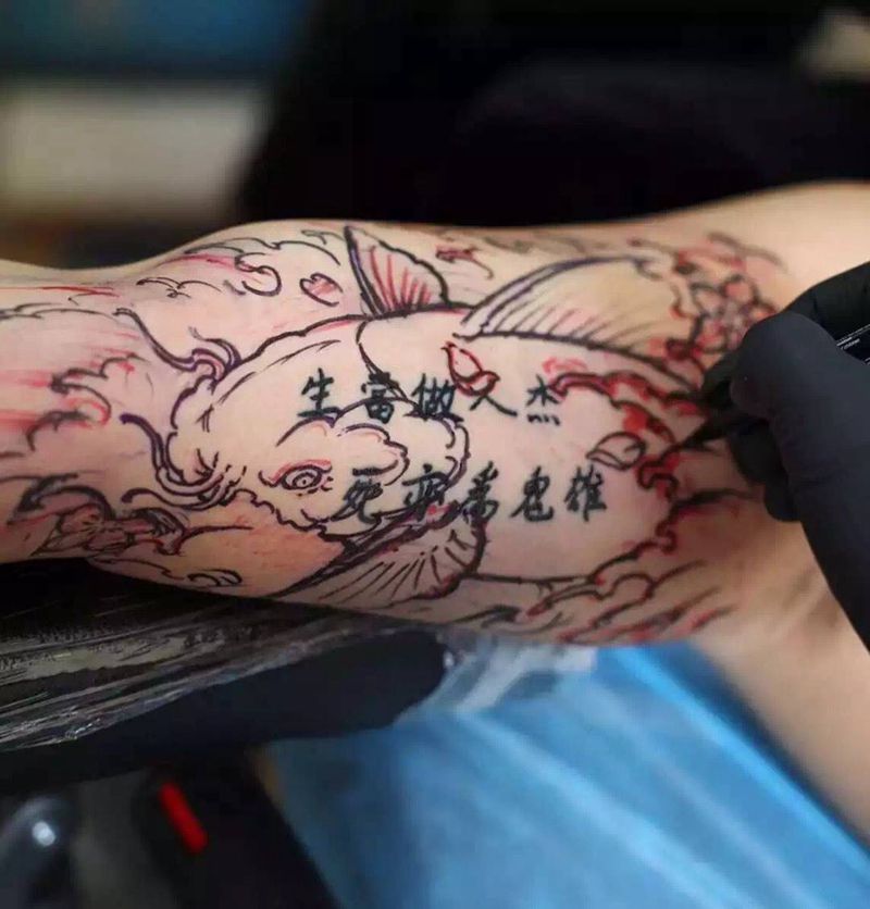 锦鲤·遮盖作品 by阿开. 一位来自鸡西的顾客，很好客热情.纹身图片_手稿成品人物原创欧美清新写实肖像纹身图案