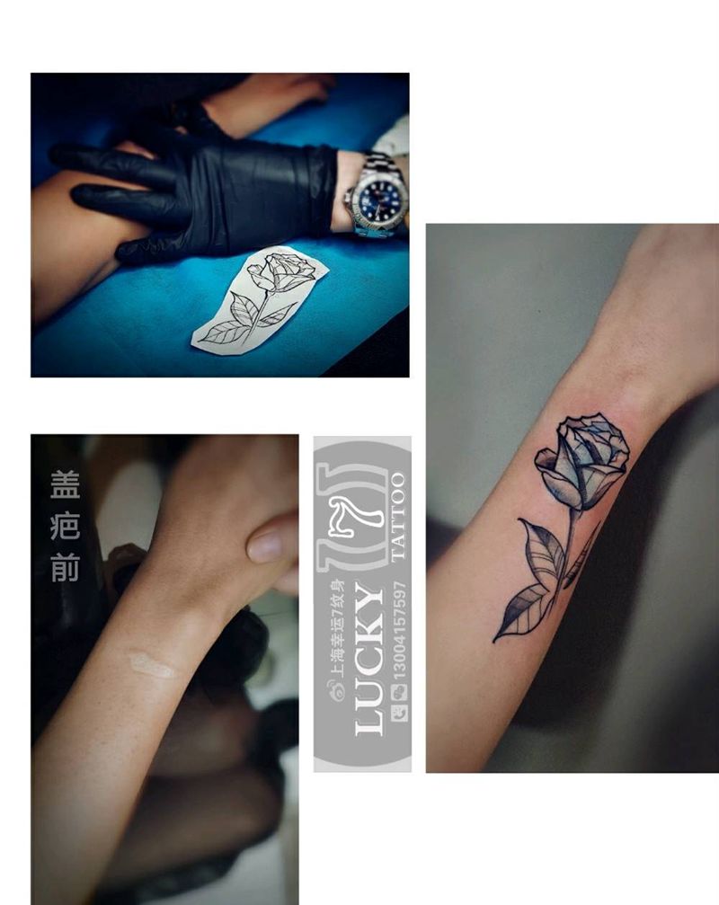 盖疤|玫瑰|幸运7纹身纹身图片_手臂小清新盖疤纹身图案