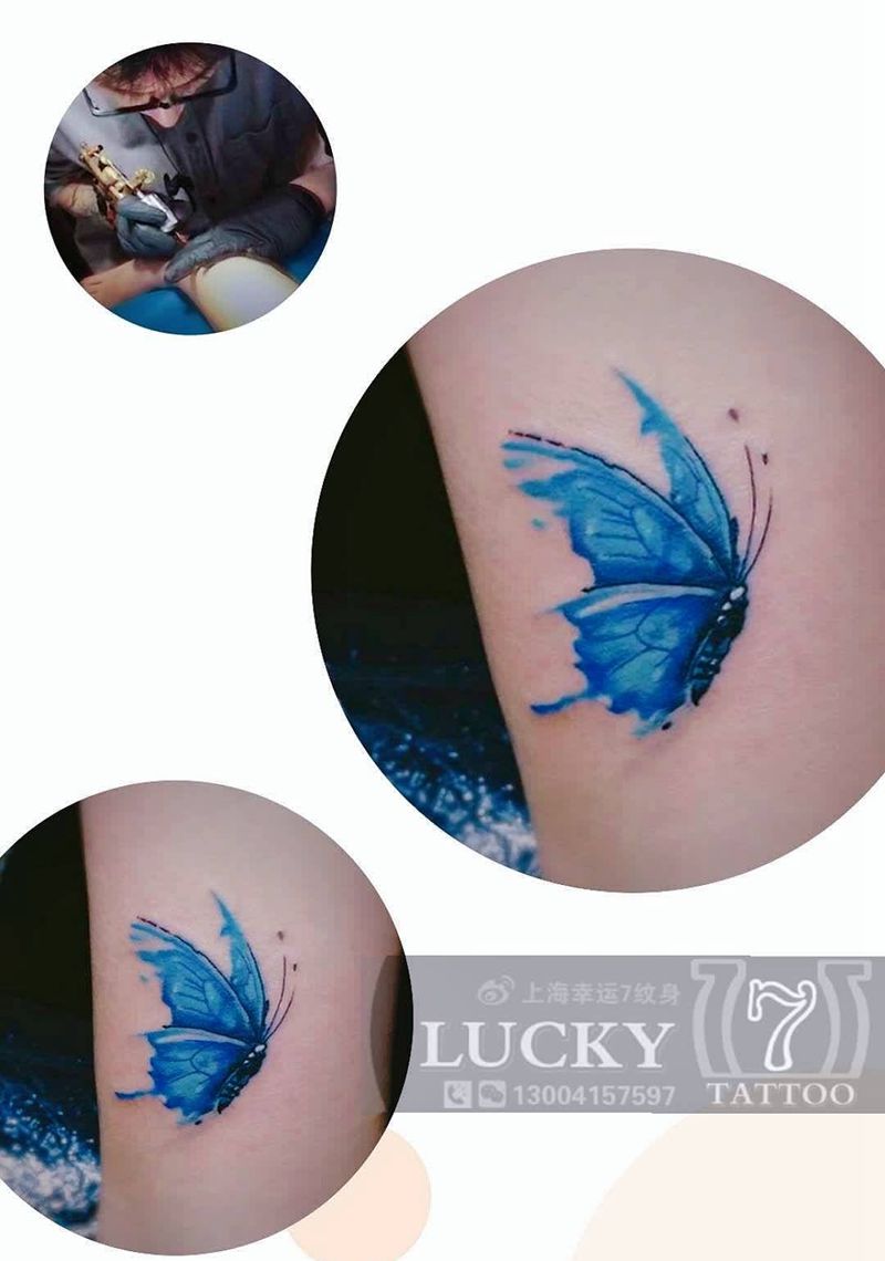 小蝴蝶|幸运7纹身纹身图片_水彩脚踝清新纹身图案