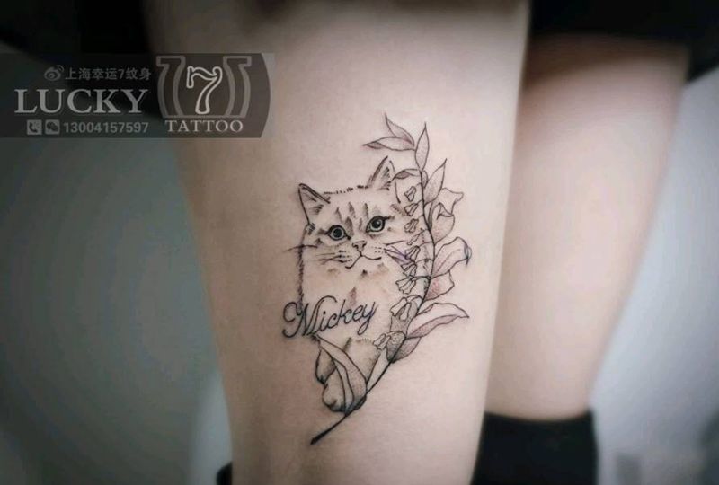 猫|幸运7纹身纹身图片_大腿清新纹身图案