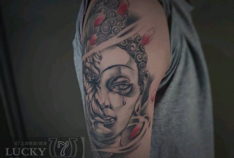佛与魔一念之间|幸运7纹身纹身图片_手臂新传统纹身图案