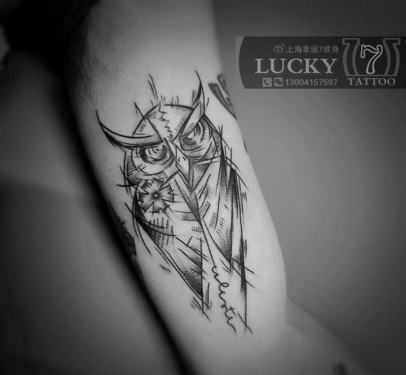 猫头鹰|幸运7纹身纹身图片_手臂纹身图案