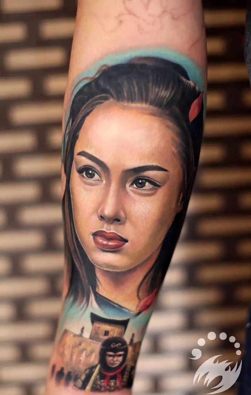 Tattoo by阿开.纹身图片_原创鬼神动物写实欧美清新肖像腿部成品纹身图案