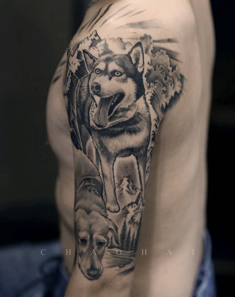 宠物狗纹身图片_手臂欧美写实哈士奇拉布拉多写实纹身图案