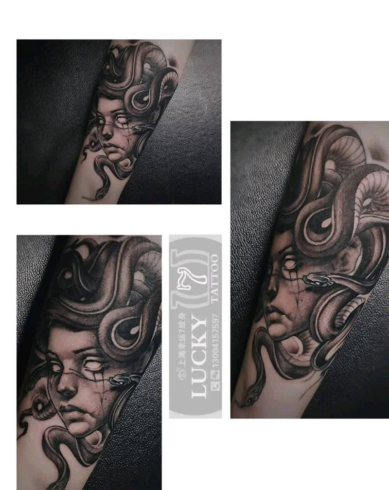 黑灰|蛇女美杜莎|幸运7纹身纹身图片_手臂欧美写实黑灰纹身图案