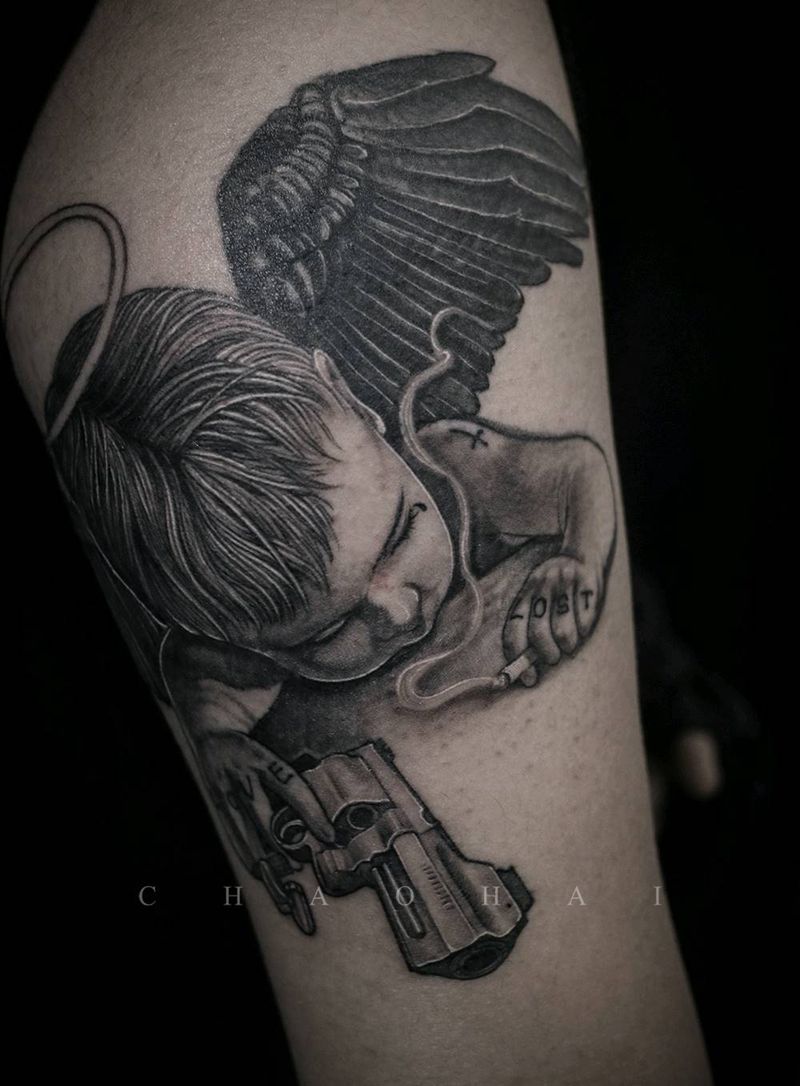 天使纹身图片_手臂欧美写实纹身图案