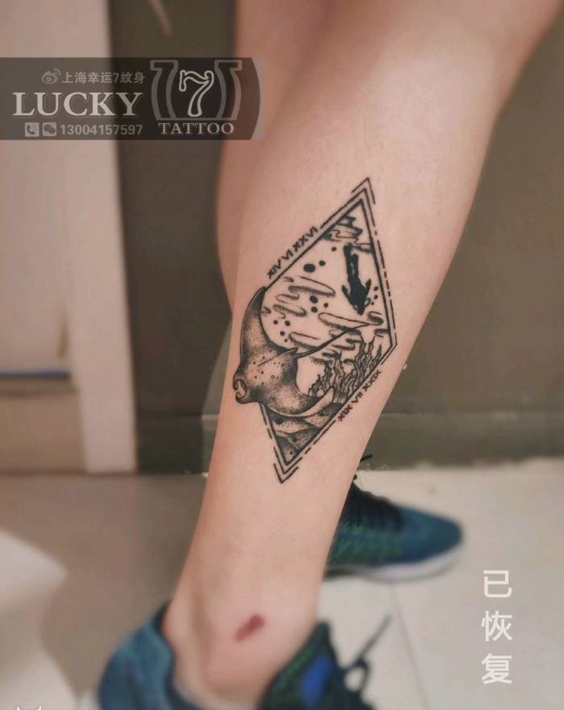 点刺|潜水|幸运7纹身纹身图片_点刺小腿恢复后纹身图案