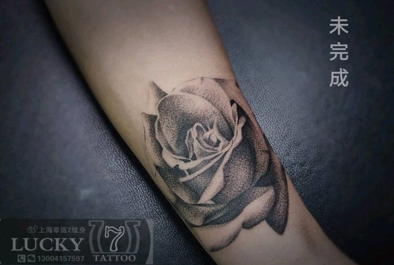 玫瑰|幸运7纹身纹身图片_手臂欧美写实未完成纹身图案