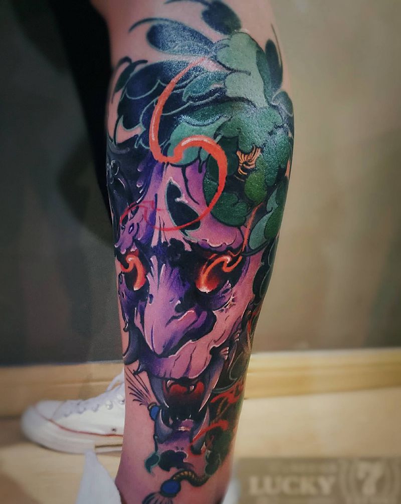 般若|幸运7纹身纹身图片_腿部新传统纹身图案