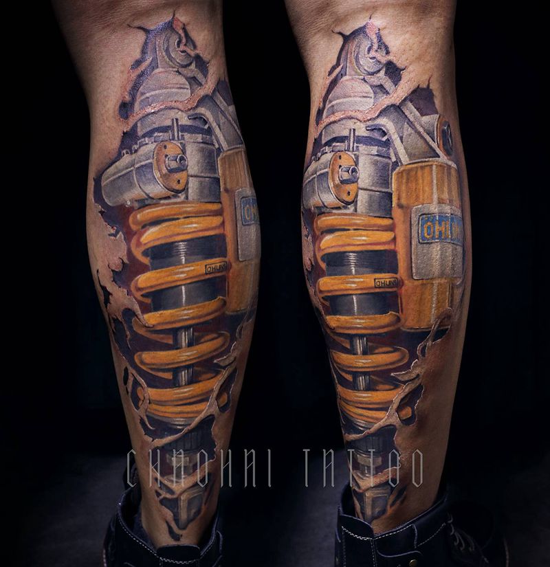 避震器写实纹身纹身图片_腿部欧美写实机械腿弹簧腿生化腿纹身图案