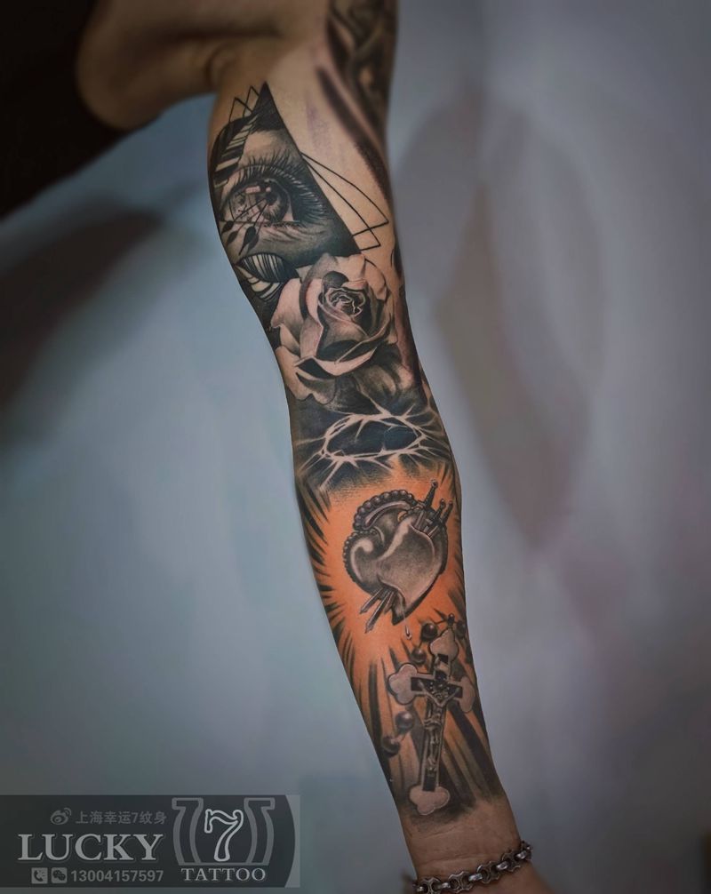 欧美花臂|幸运7纹身纹身图片_手臂欧美写实纹身图案