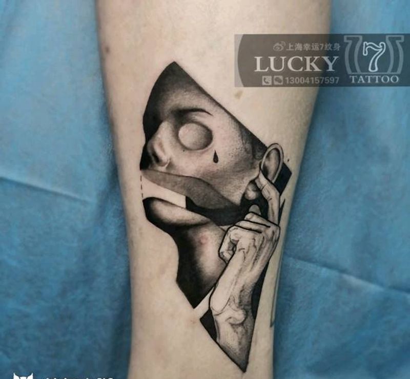 暗黑人像|幸运7纹身纹身图片_欧美写实小腿暗黑纹身图案