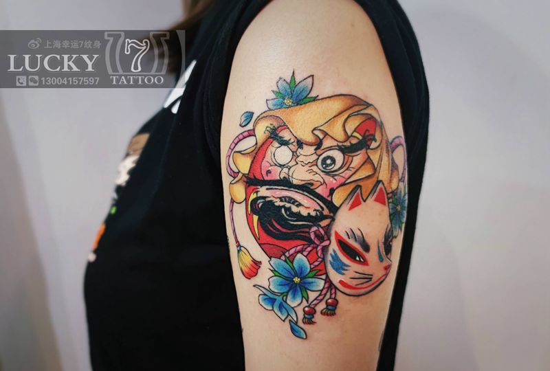 达摩不倒翁|幸运7纹身纹身图片_手臂New School纹身图案