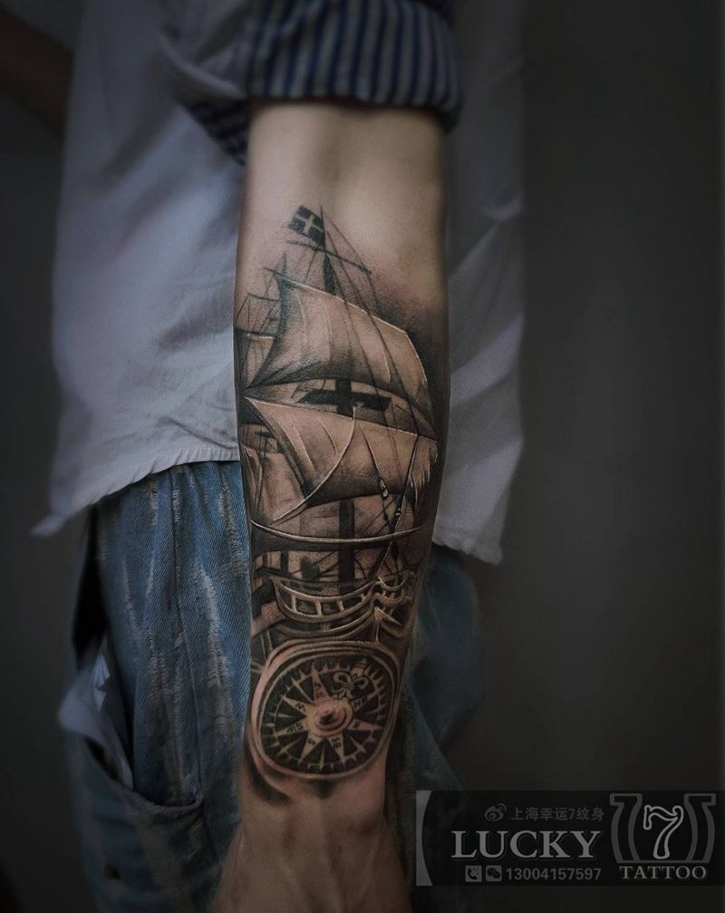 盖疤|帆船|幸运7纹身纹身图片_手臂欧美写实盖疤纹身图案