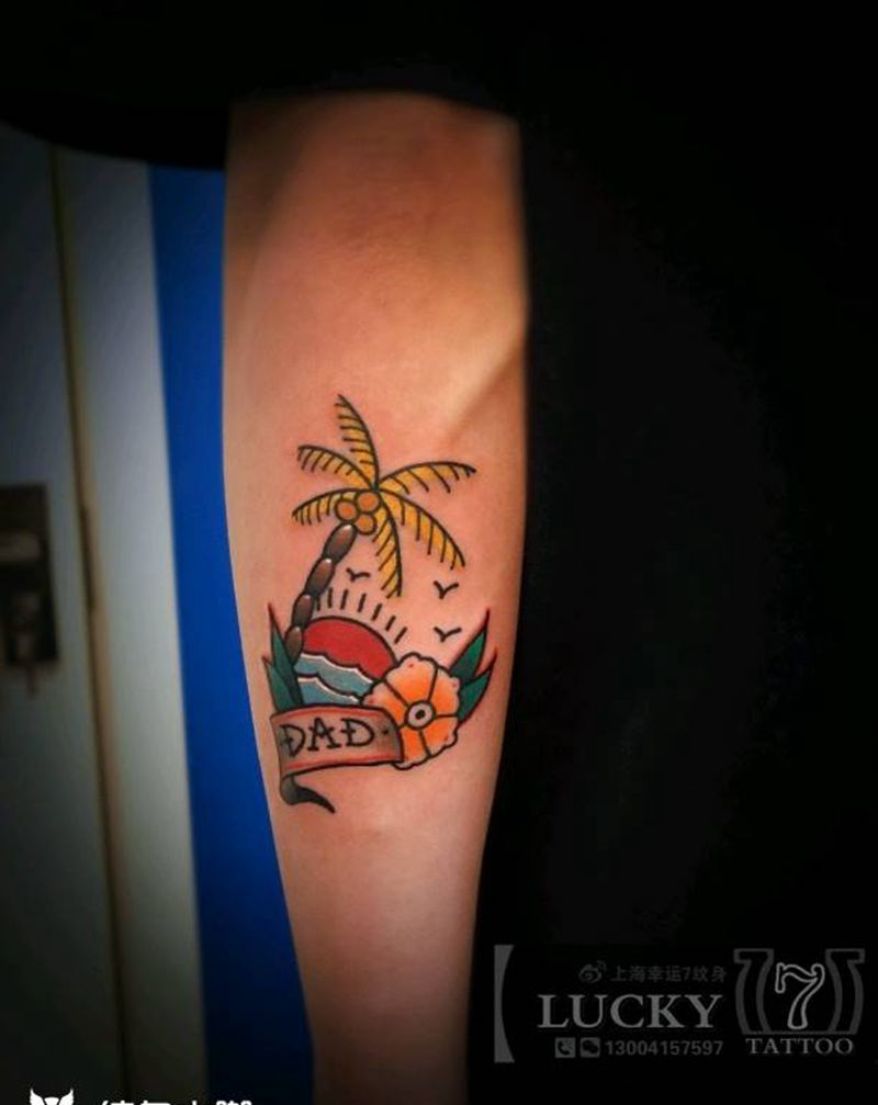 椰树|幸运7纹身纹身图片_手臂Old School纹身图案