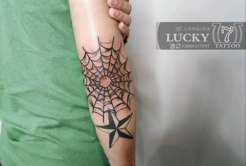 蜘蛛网|幸运7纹身纹身图片_Old School手肘纹身图案