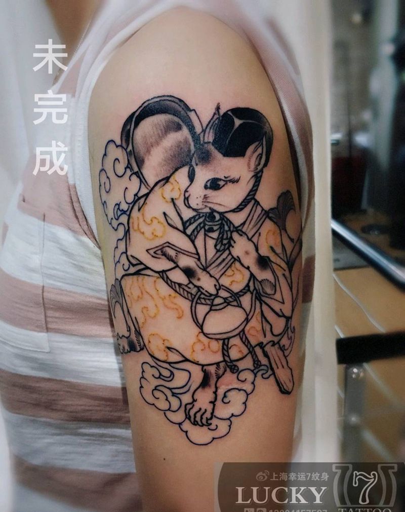 咖啡猫设计|幸运7纹身纹身图片_手臂欧美动物原创纹身图案