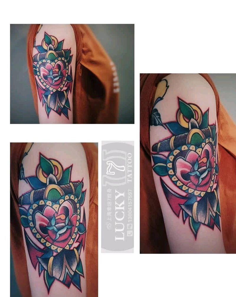 玫瑰船锚|幸运7纹身纹身图片_手臂Old School纹身图案