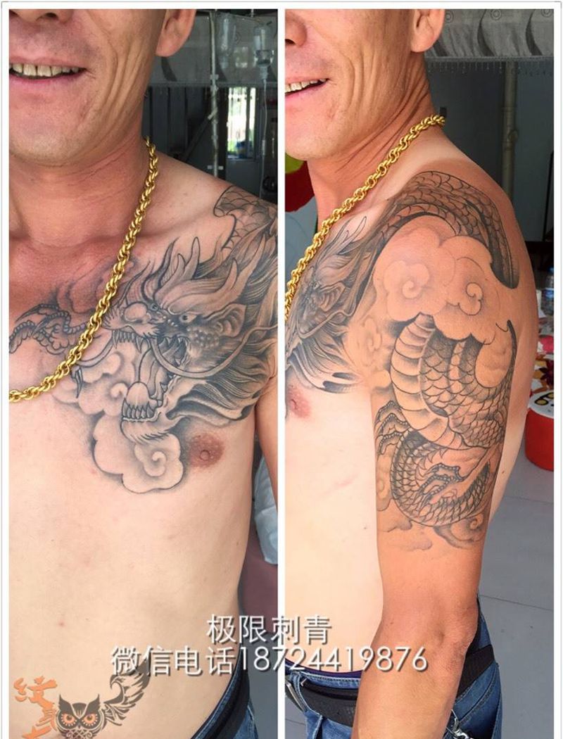 半甲纹身图片_成品胸部肩部传统人物纹身图案