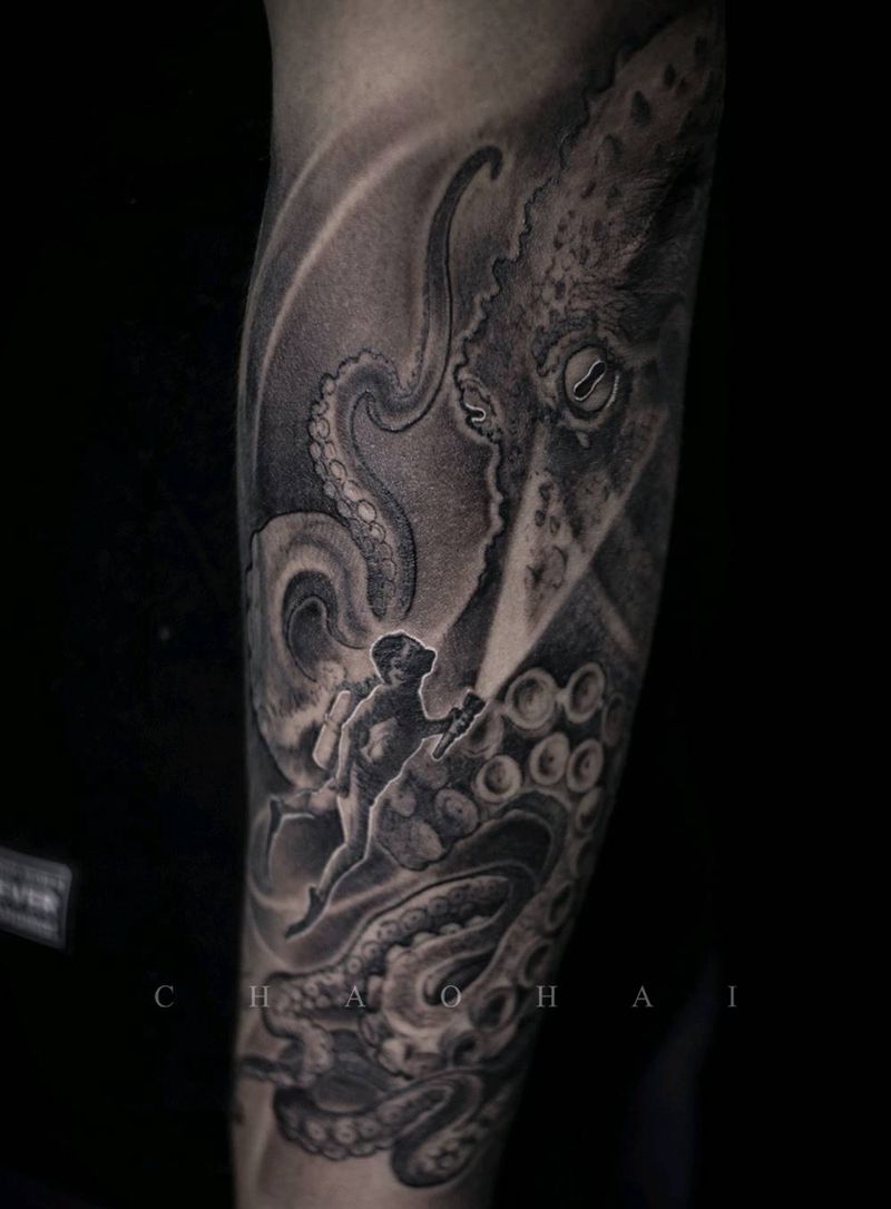 海怪纹身图片_手臂欧美写实章鱼潜水员海怪纹身图案