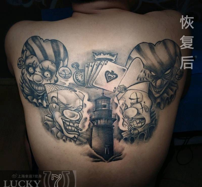 小丑灯塔|遮盖|恢复后|幸运7纹身图片_欧美遮盖成品纹身图案
