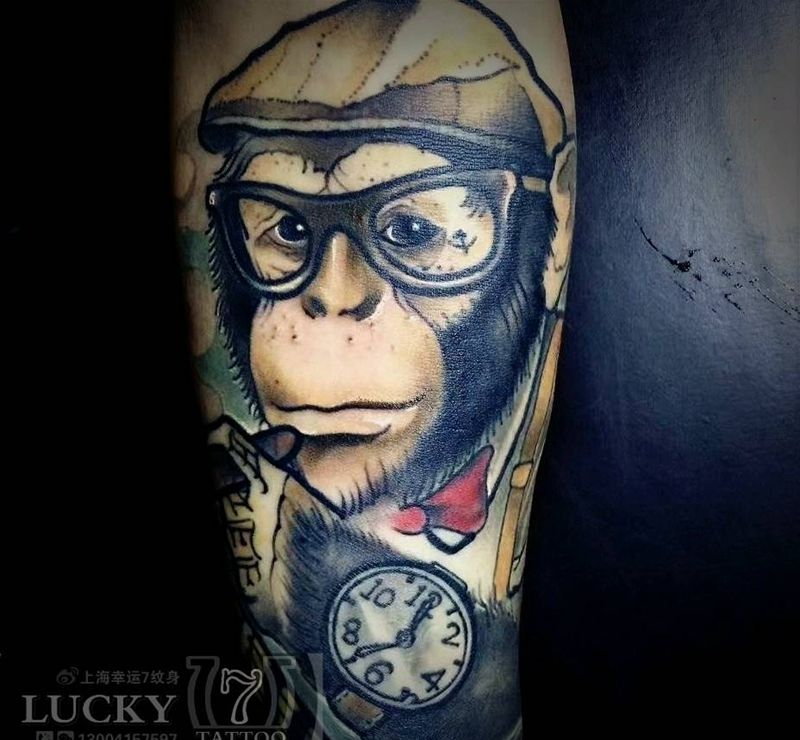 猩猩｜欧美｜幸运7纹身纹身图片_腿部欧美动物成品纹身图案