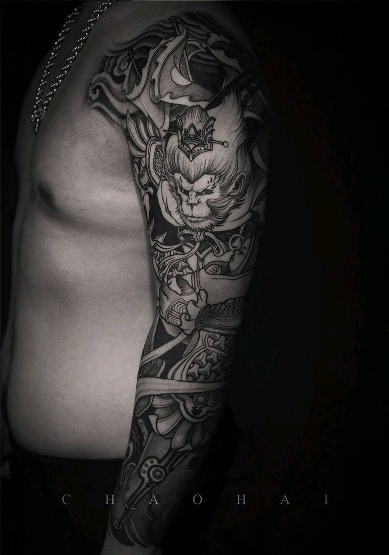 齐天大圣救子纹身图片_手臂新传统纹身图案