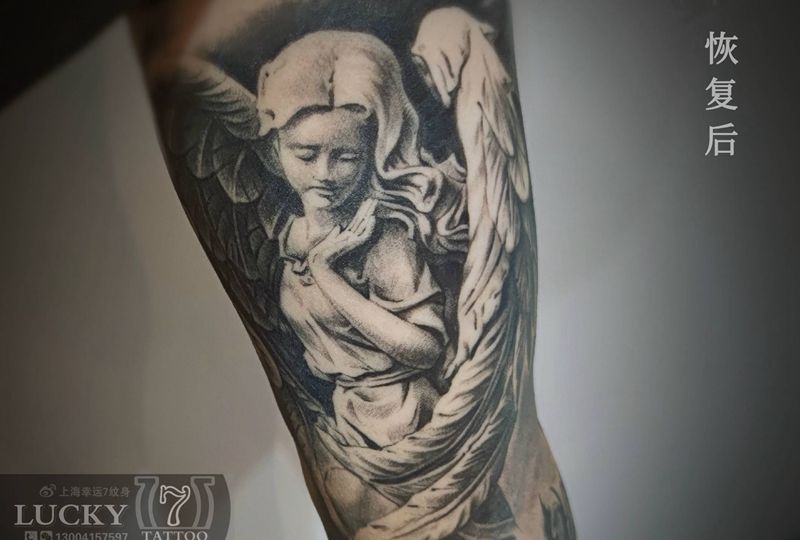 天使石膏像|幸运7纹身纹身图片_手臂欧美写实恢复后纹身图案