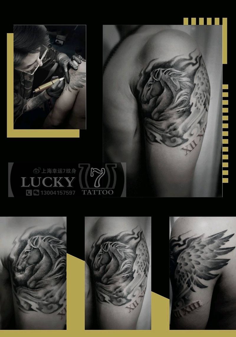 欧美黑灰|飞马|幸运7纹身纹身图片_手臂欧美写实原创黑灰成品纹身图案