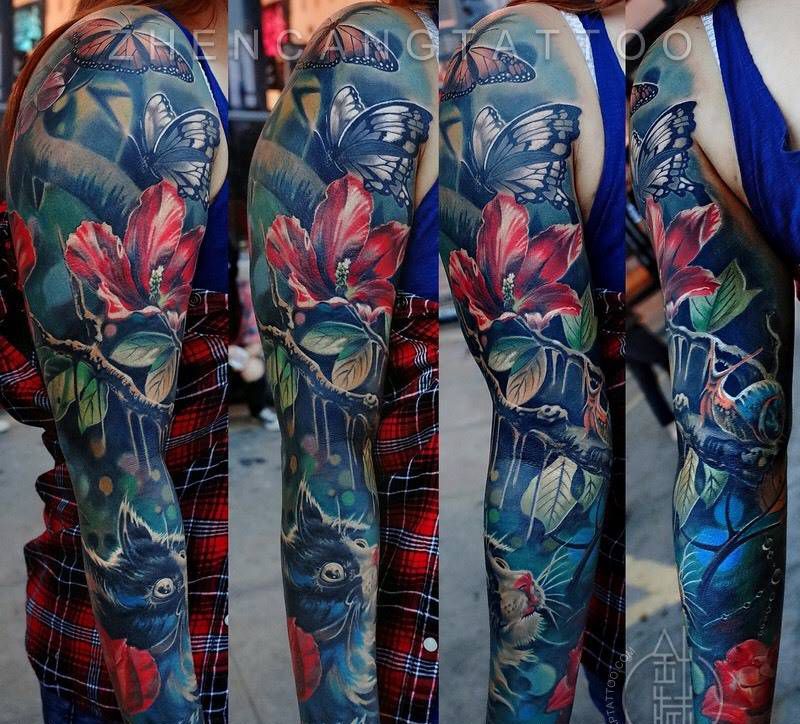 针藏刺青纹身作品纹身图片_成品手臂传统动物植物纹身图案