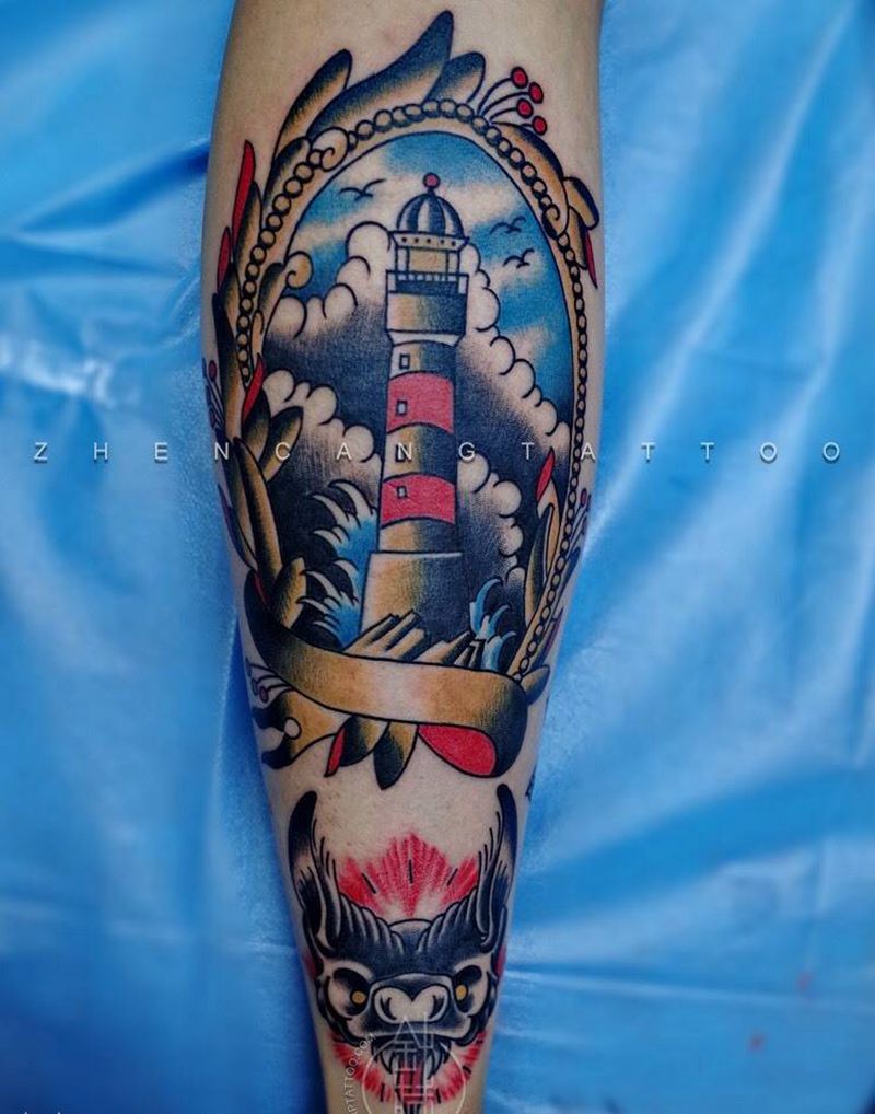 Oldschool纹身图片_成品腿部欧美针藏刺青邵钢纹身图案