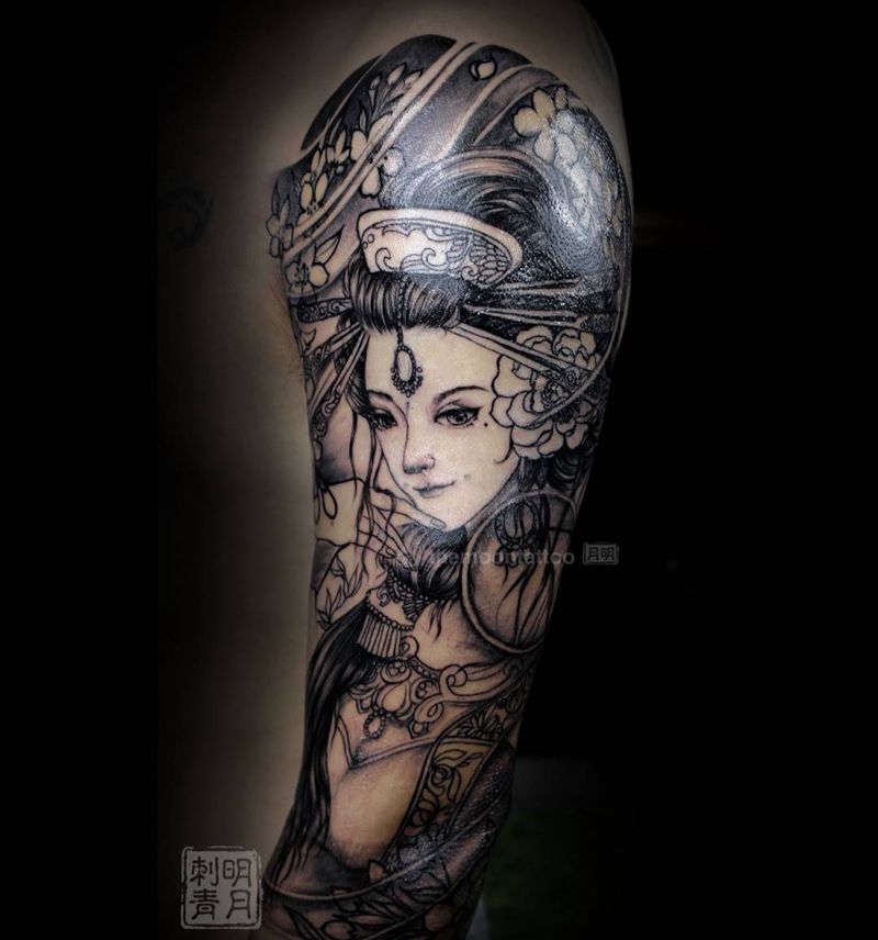 明月艺伎花臂纹身图片_手臂传统肖像国画人物艺伎明月艺伎明月中国原创纹身图案