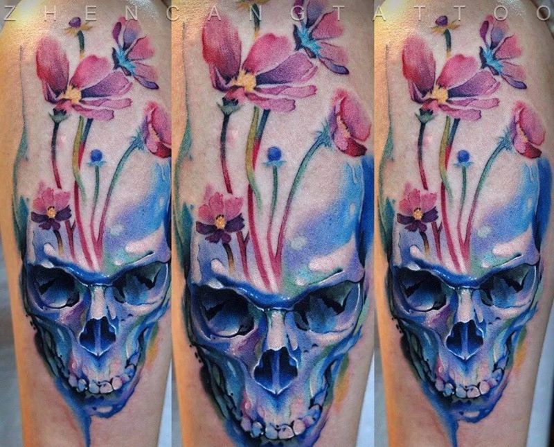 水彩骷髅 | 针藏刺青纹身图片_成品手臂清新原创鬼神针藏刺青纹身图案
