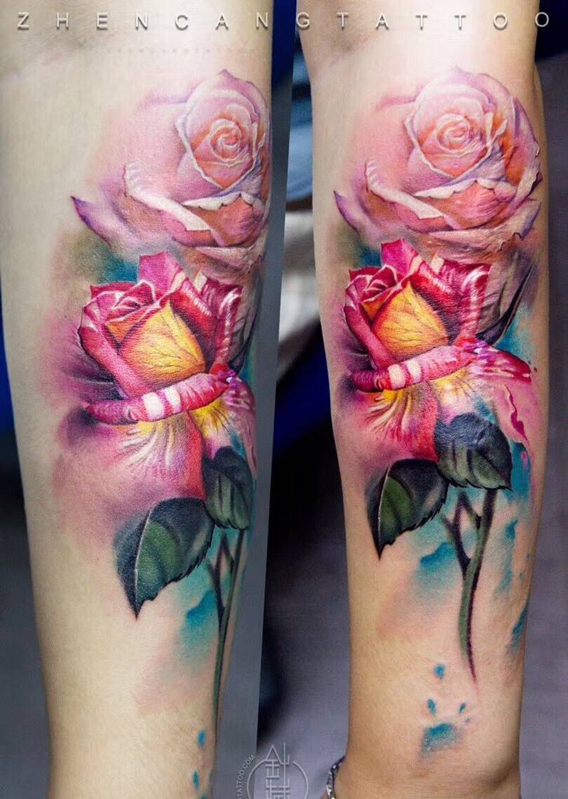粉玫瑰【疤痕遮盖】| 针藏刺青 ·邵钢· 作品纹身图片_成品手臂清新原创植物针藏刺青邵钢纹身图案