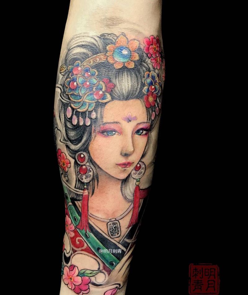奴一身汉服，请唤奴一声汉美人可好？纹身图片_成品手臂传统艺伎明月艺伎明月中国上海汉美人中国风美人图纹身图案