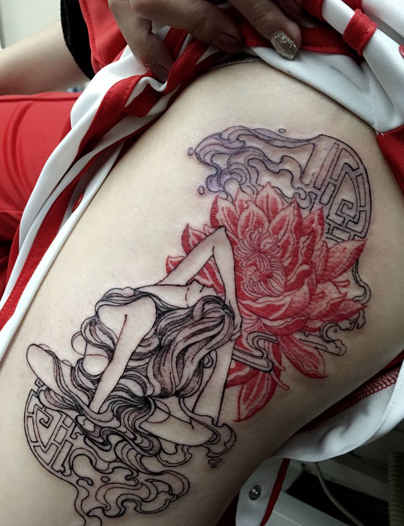 美腿纹身图片_手臂背部点线面纹身图案